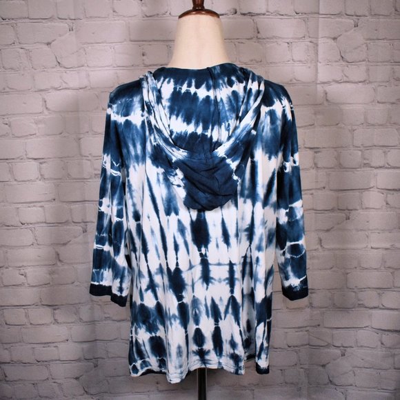 NWT $62 River Tie-Dye Hooded Blouse S, Blue & White 3/4 Sleeves, Loose Fit Flowy - Picture 4 of 8